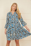 Yumi Viscose Blue Ikat Print 3/4 Sleeve Tunic Dress - QHA UK