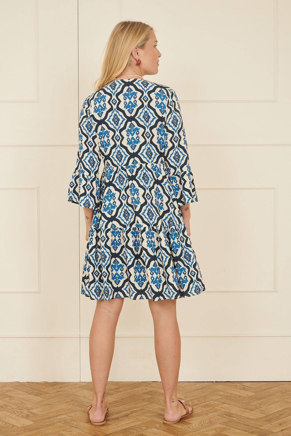 Yumi Viscose Blue Ikat Print 3/4 Sleeve Tunic Dress - QHA UK