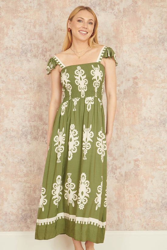 Yumi Green Block Print Ruched Maxi Dress - QHA UK