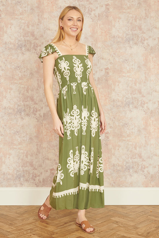 Yumi Green Block Print Ruched Maxi Dress - QHA UK