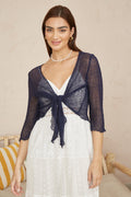 Yumi Navy Popcorn Yarn Tie Front Bolero - QHA UK