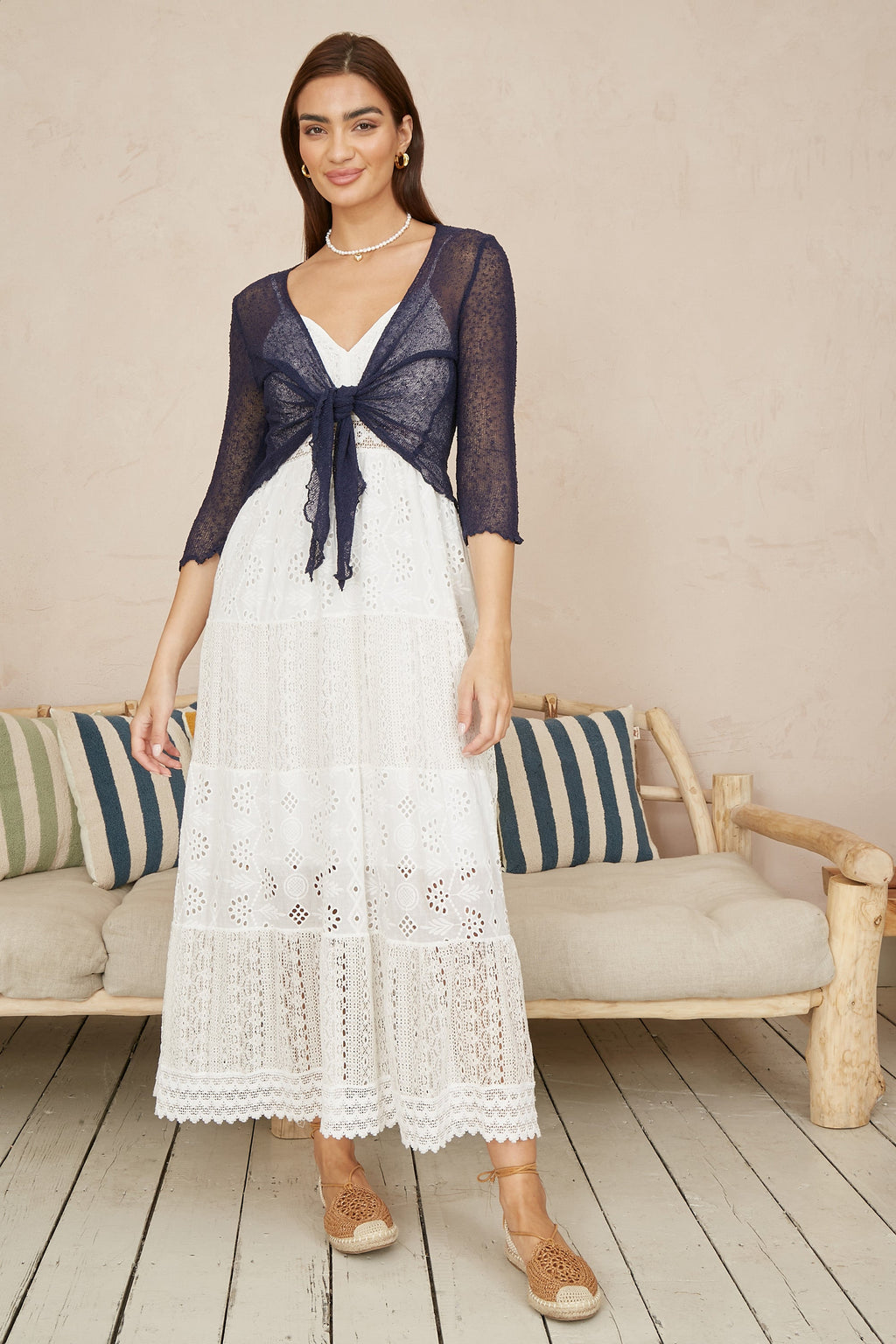 Yumi Navy Popcorn Yarn Tie Front Bolero