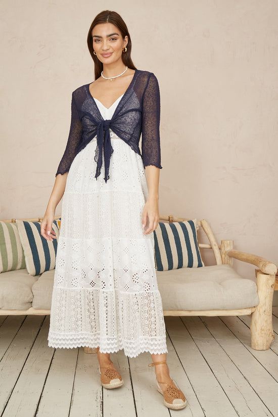 Yumi Navy Popcorn Yarn Tie Front Bolero - QHA UK
