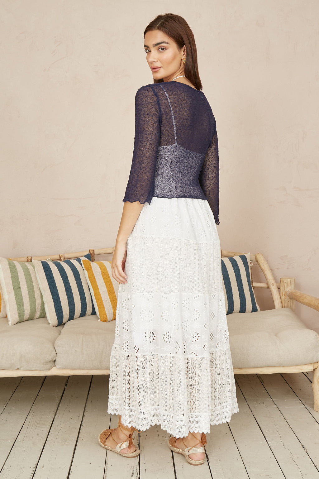 Yumi Navy Popcorn Yarn Tie Front Bolero