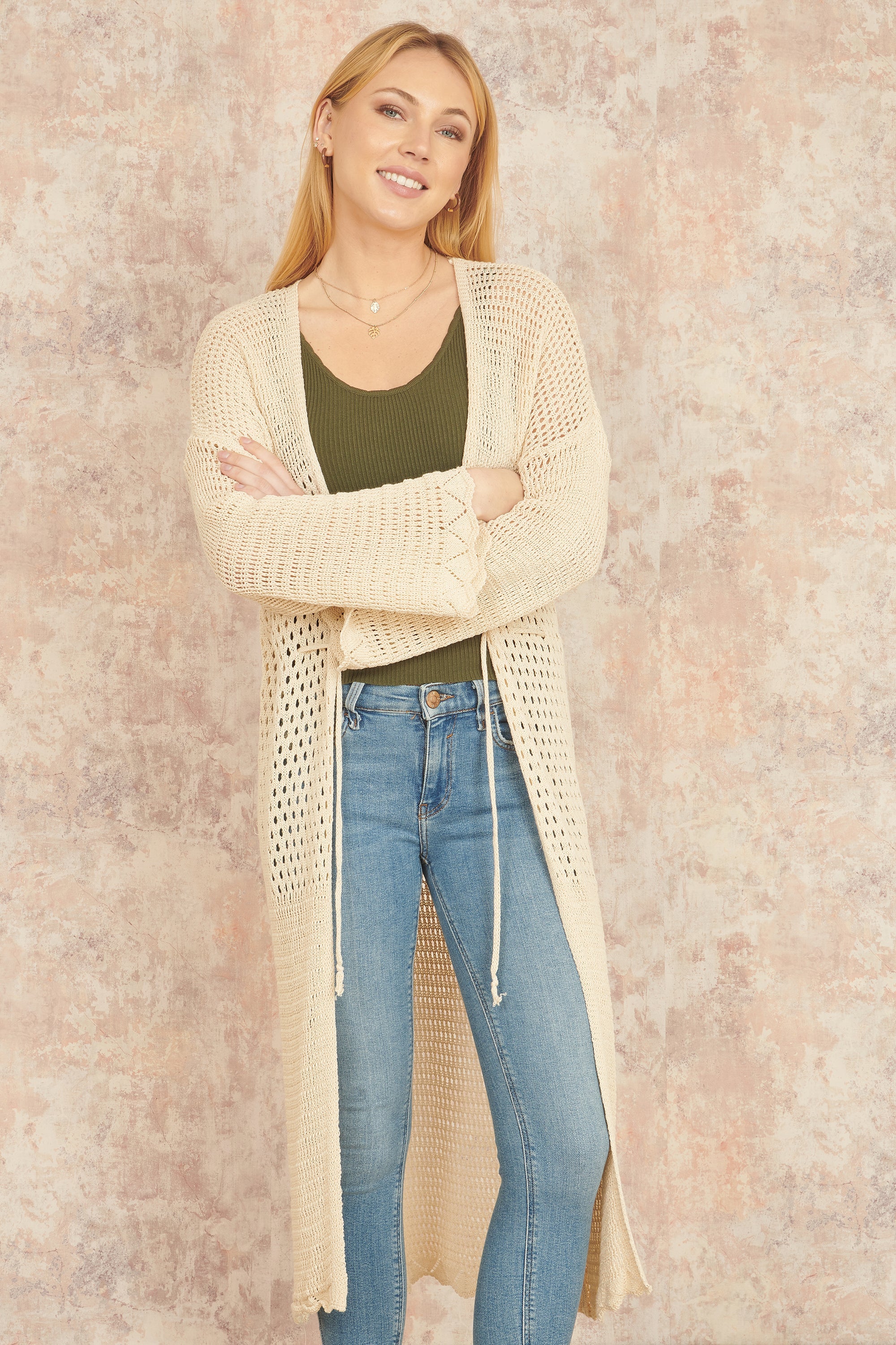 Yumi Cream Crochet Long Line Cardigan With Ties Front