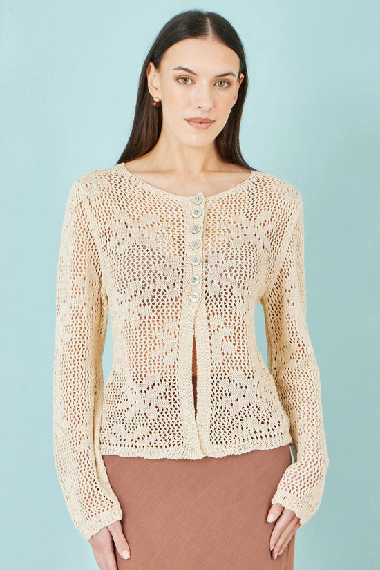 Yumi Beige Flower Crochet Button Up Cardigan - QHA UK