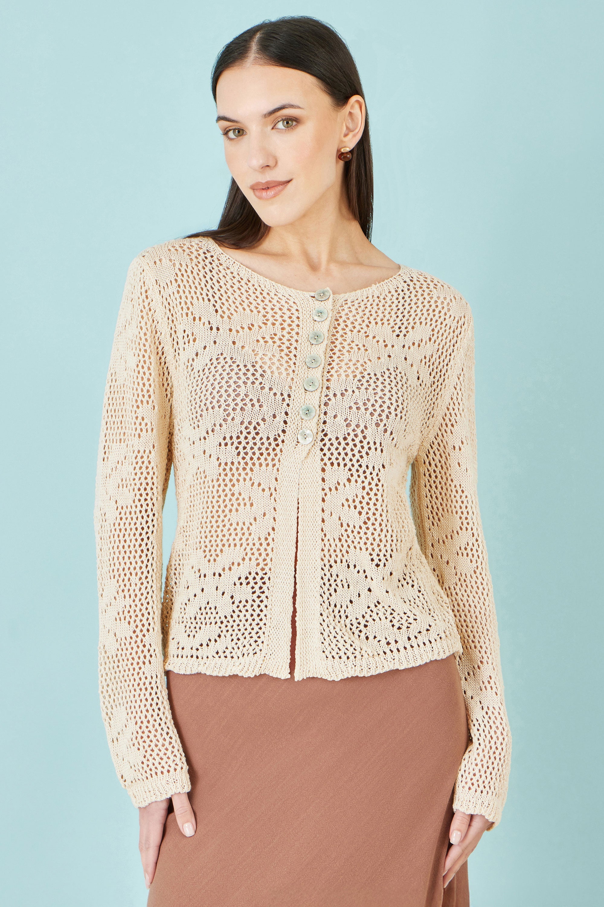 Yumi Beige Flower Crochet Button Up Cardigan