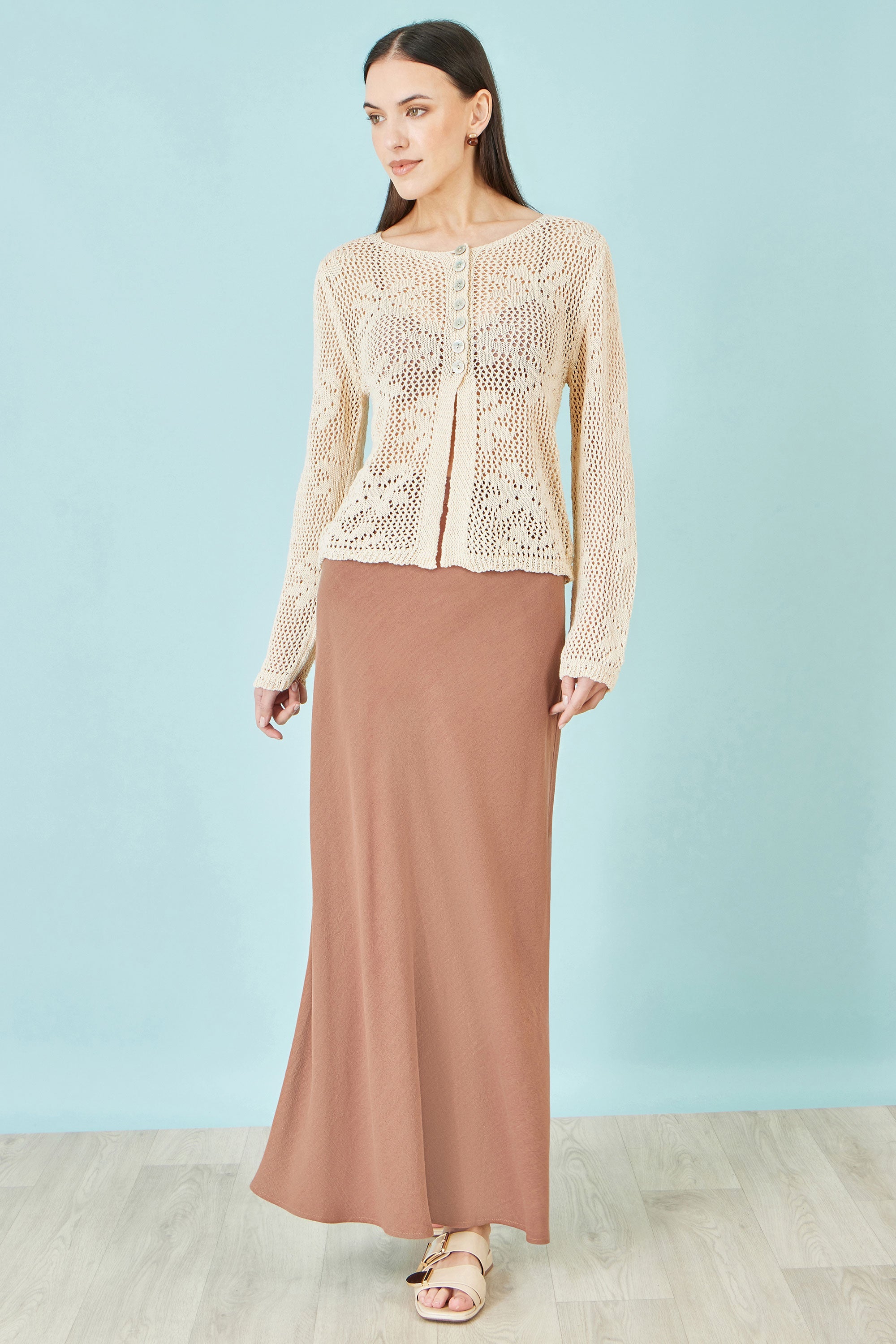 Yumi Beige Flower Crochet Button Up Cardigan