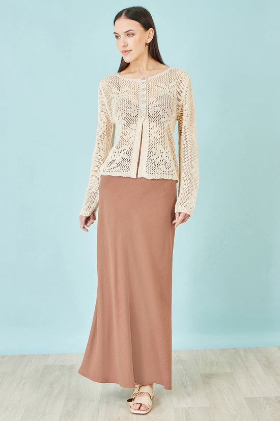 Yumi Beige Flower Crochet Button Up Cardigan - QHA UK