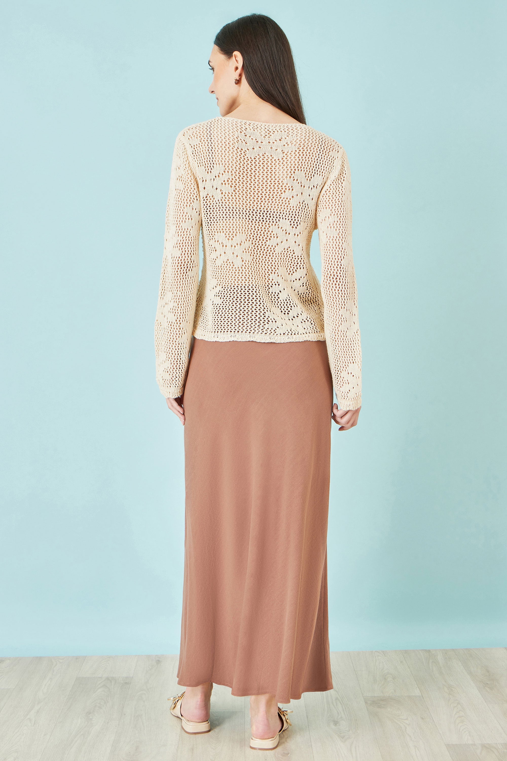 Yumi Beige Flower Crochet Button Up Cardigan