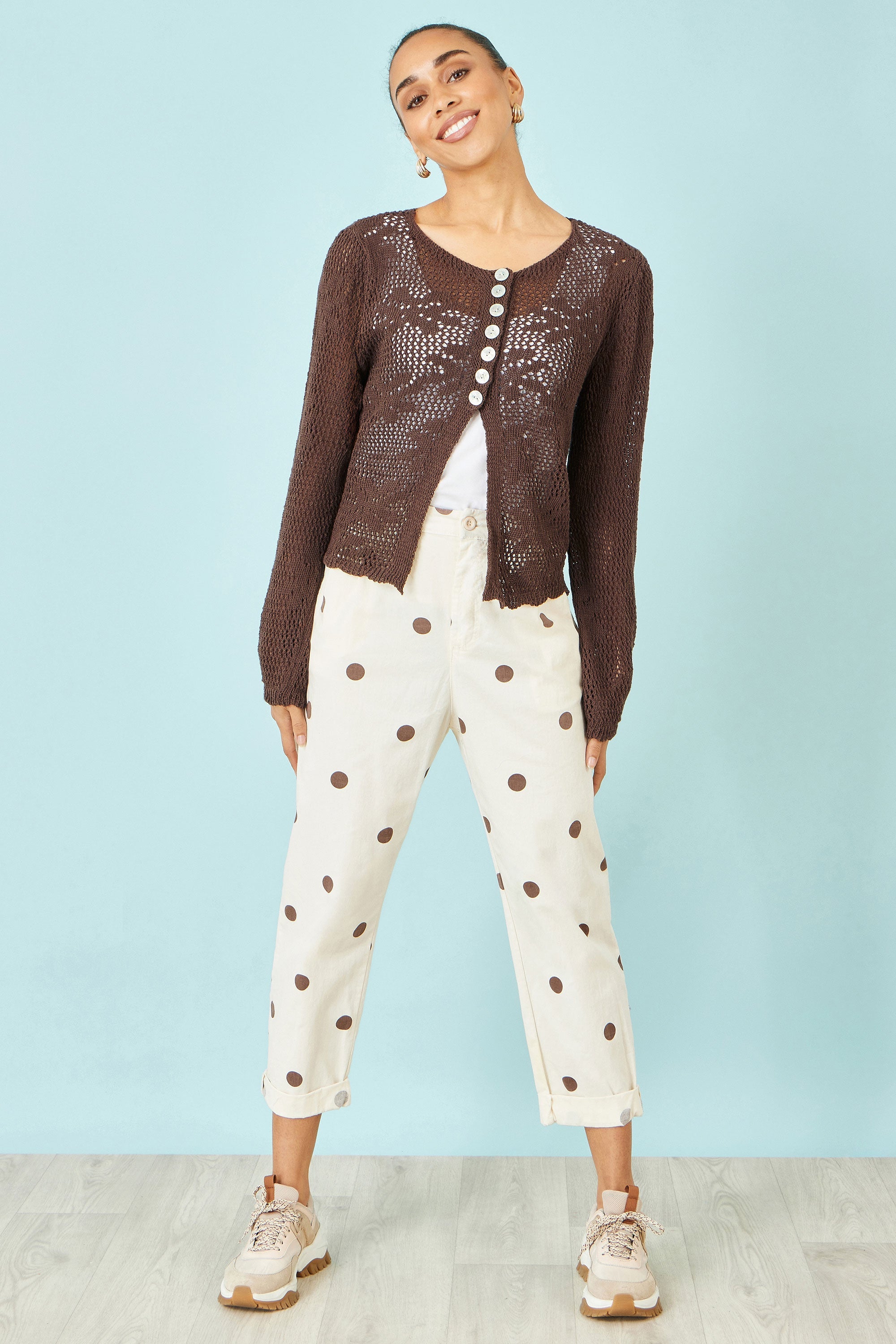Yumi Brown Flower Crochet Button Up Cardigan