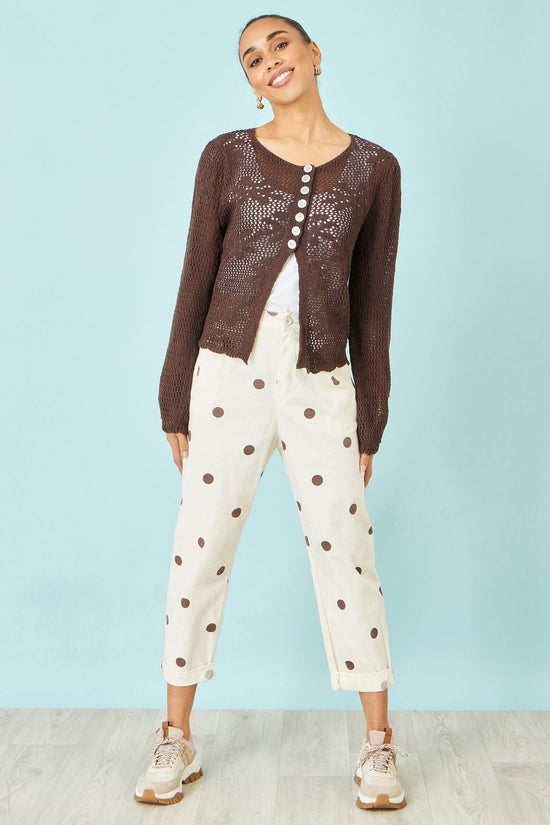 Yumi Brown Flower Crochet Button Up Cardigan - QHA UK