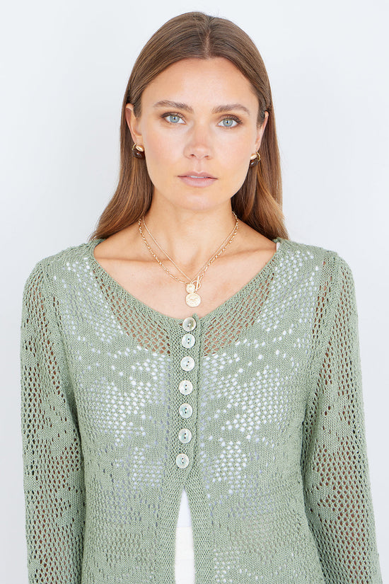Yumi Green Flower Crochet Button Up Cardigan - QHA UK