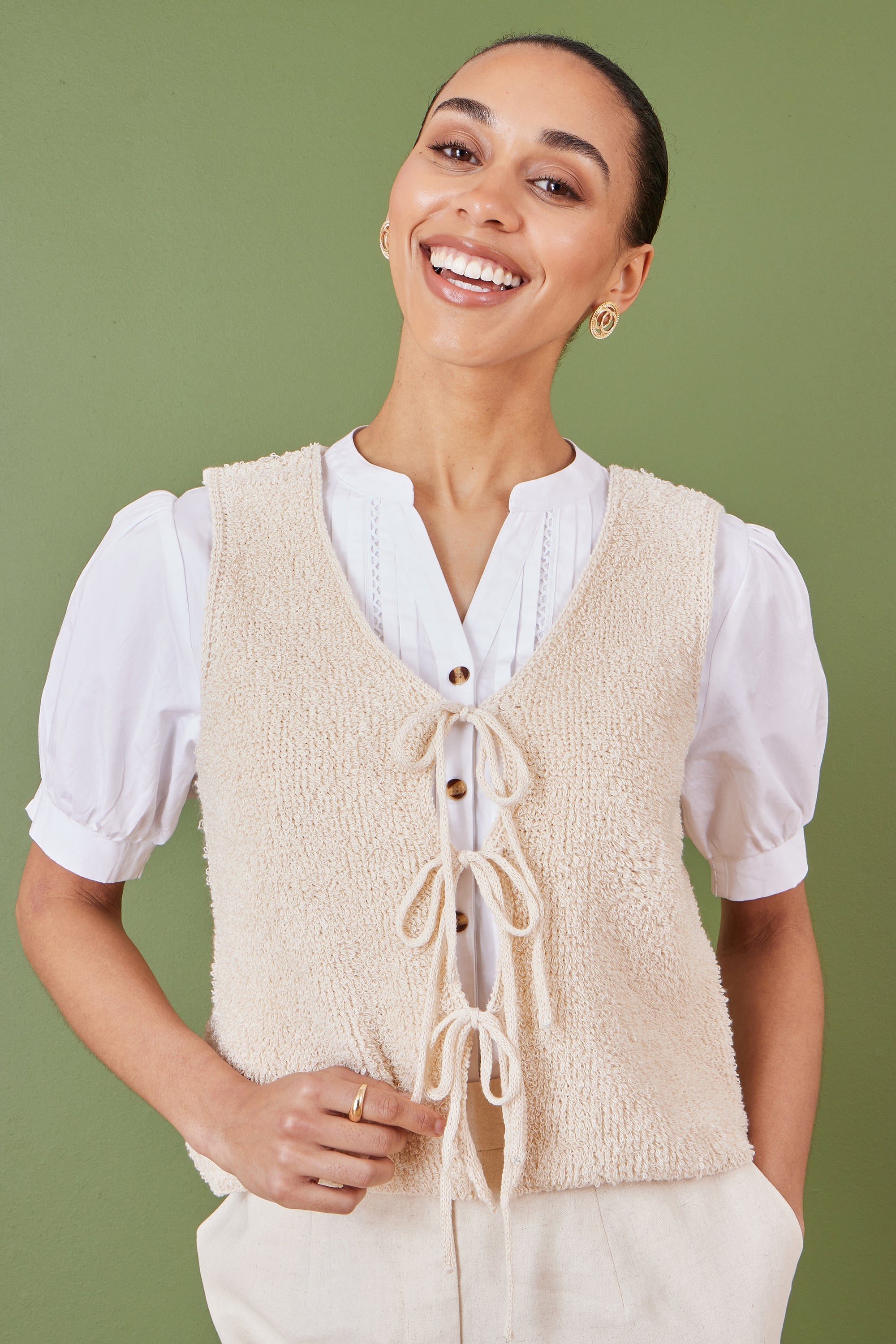 Yumi Beige Knitted Tie Detail Knitted  Waistcoat - QHA UK