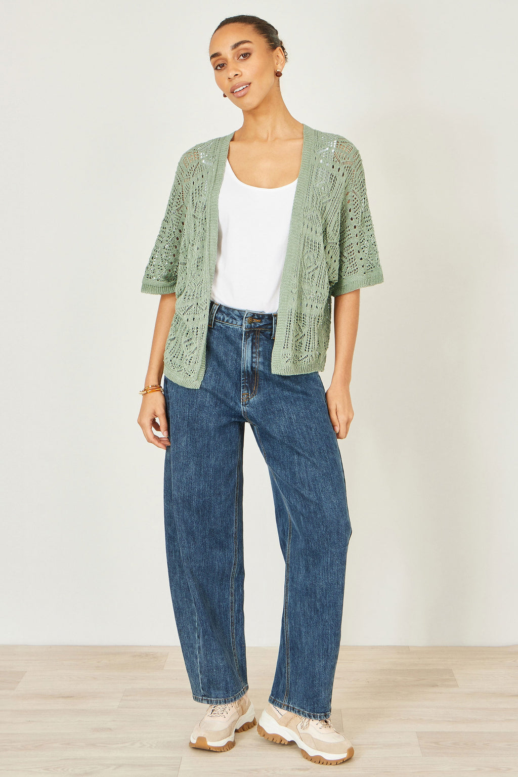 Yumi Green Crochet Edge To Edge 3/4 Sleeve Cardigan