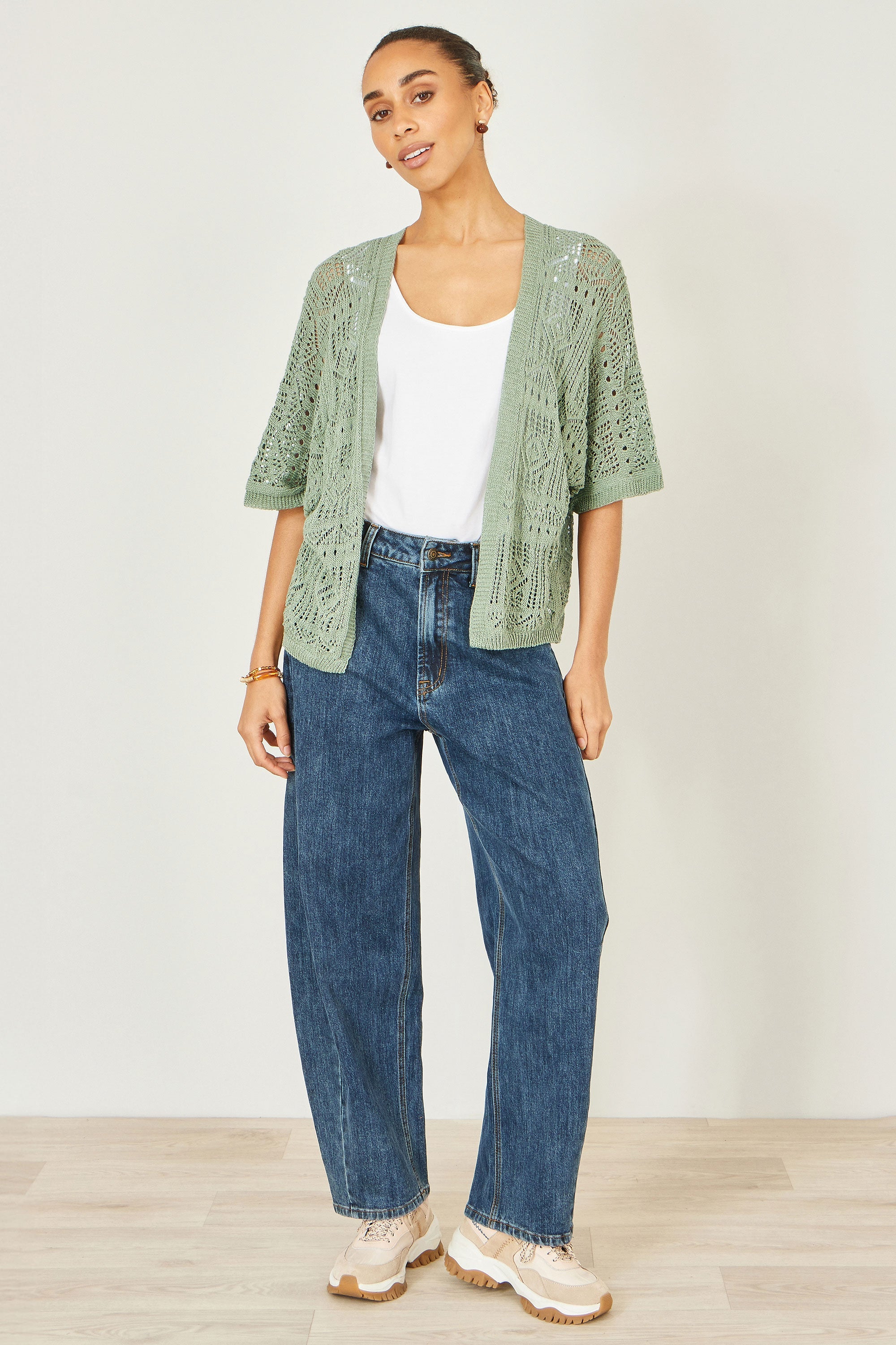 Yumi Green Crochet Edge To Edge 3/4 Sleeve Cardigan