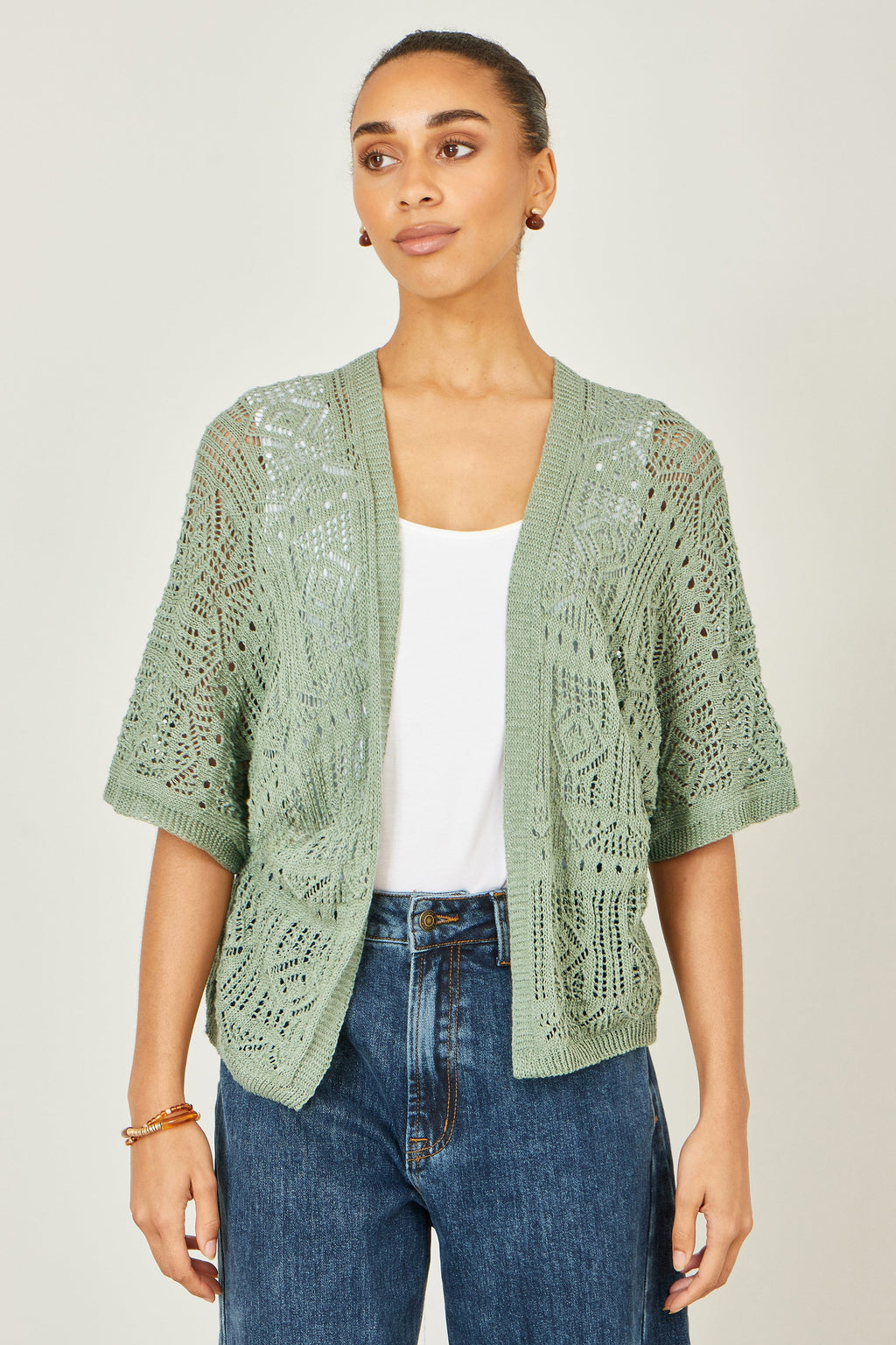 Yumi Green Crochet Edge To Edge 3/4 Sleeve Cardigan