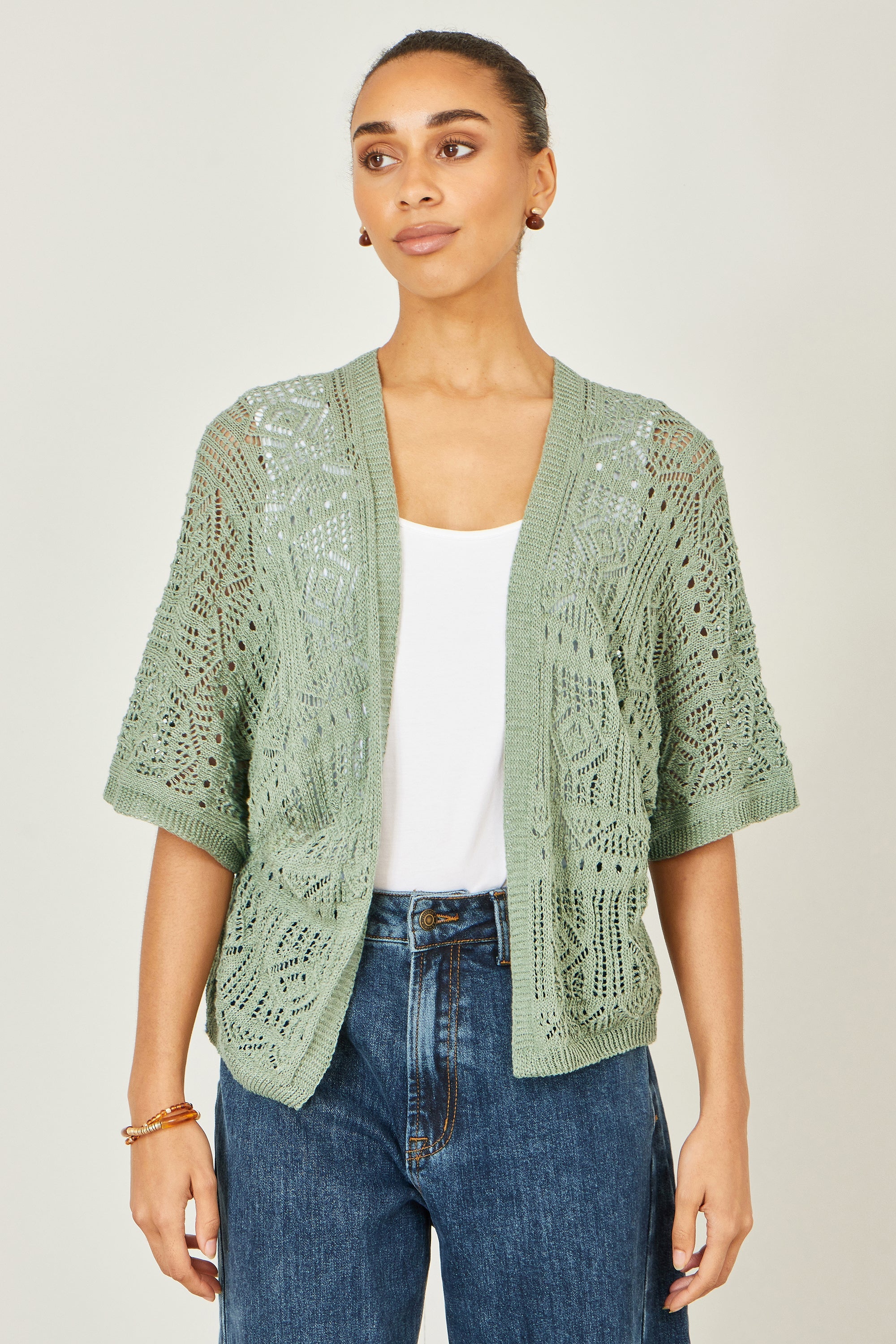 Yumi Green Crochet Edge To Edge 3/4 Sleeve Cardigan