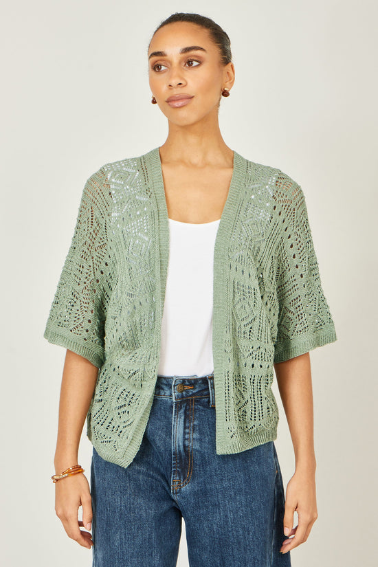 Yumi Green Crochet Edge To Edge 3/4 Sleeve Cardigan - QHA UK