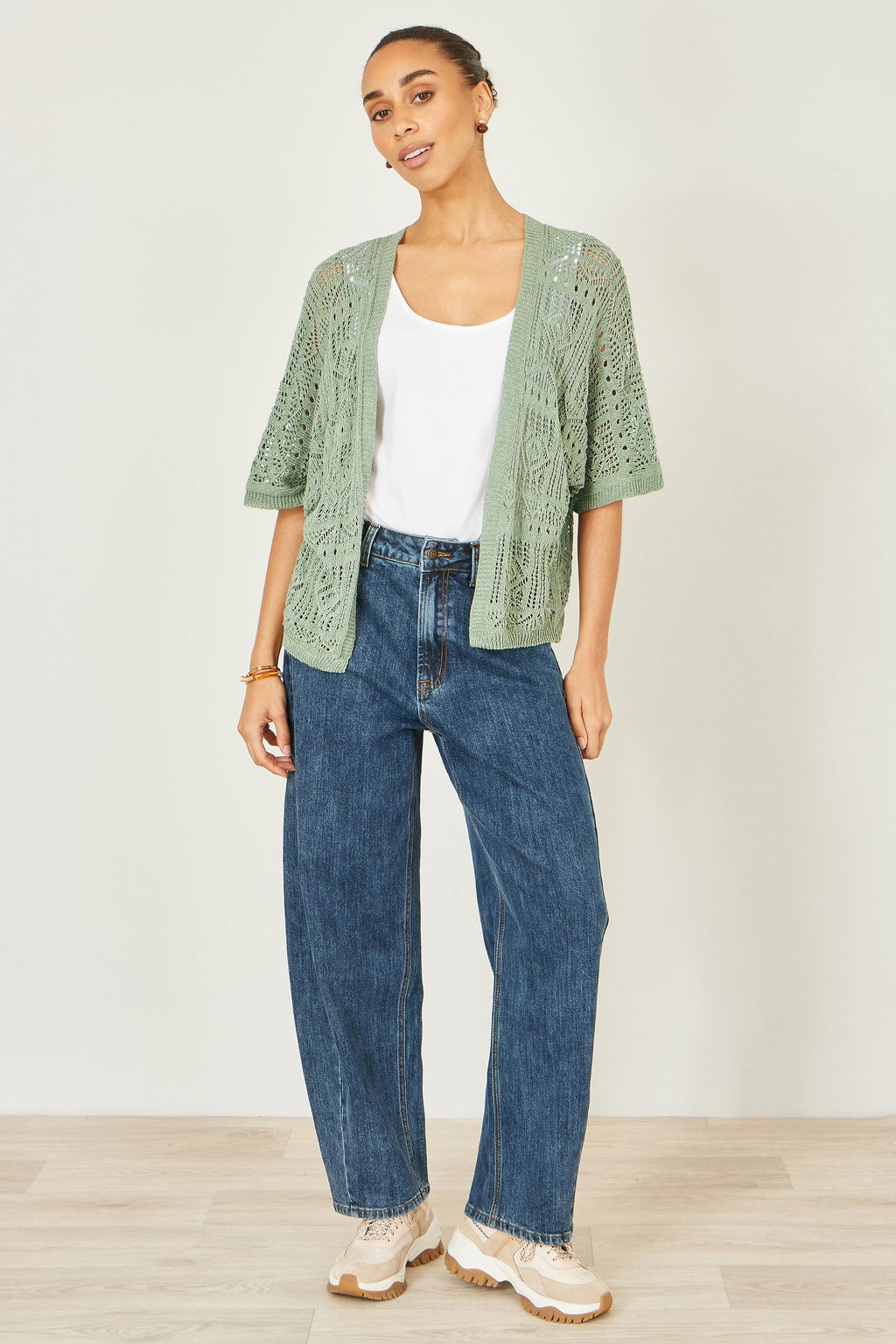 Yumi Green Crochet Edge To Edge 3/4 Sleeve Cardigan