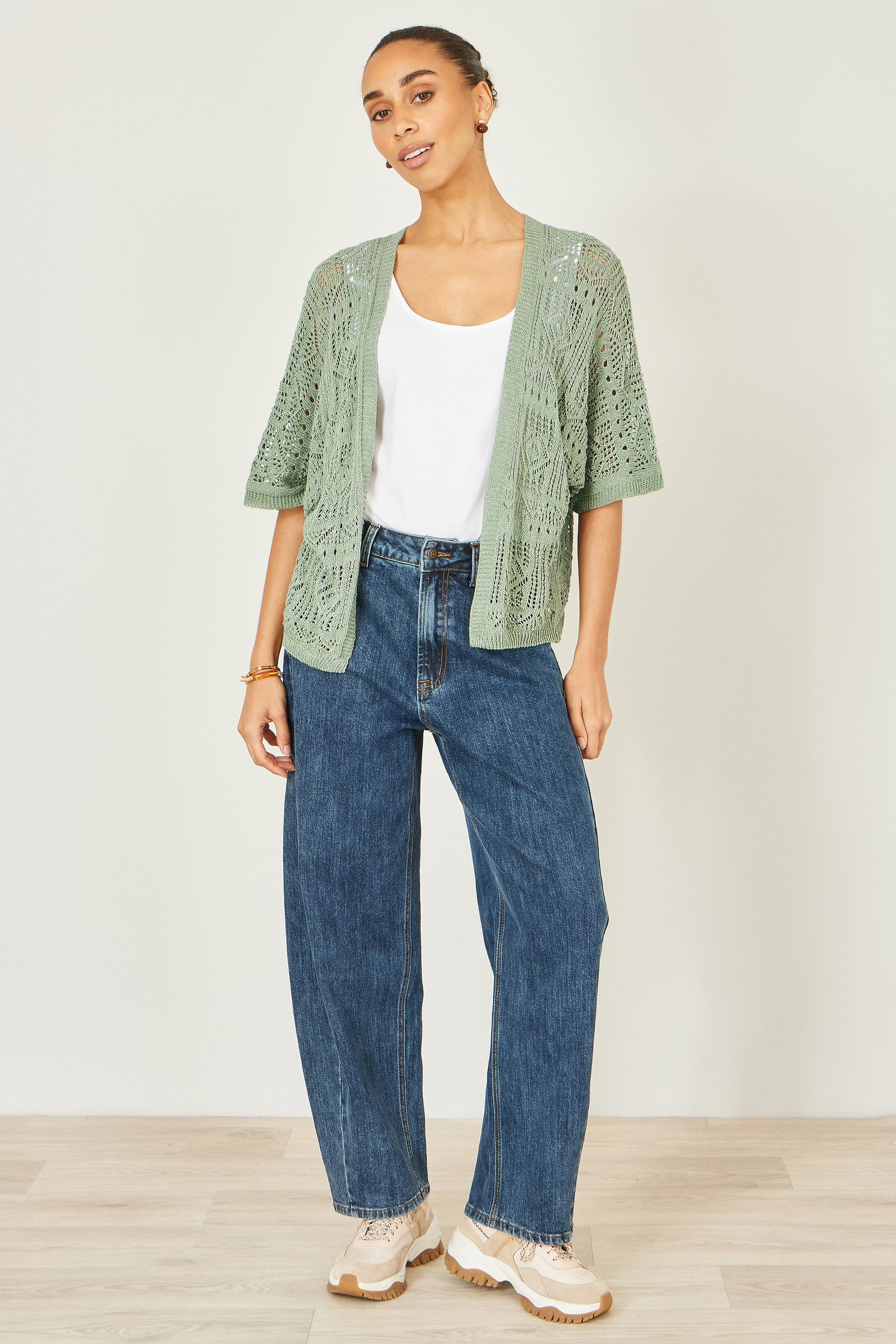 Yumi Green Crochet Edge To Edge 3/4 Sleeve Cardigan