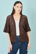 Yumi Brown Crochet Edge To Edge 3/4 Sleeve Cardigan - QHA UK
