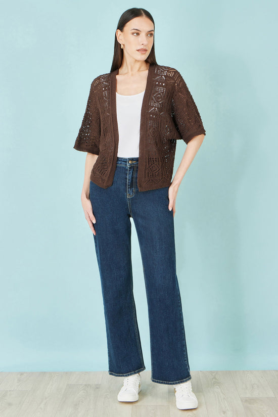 Yumi Brown Crochet Edge To Edge 3/4 Sleeve Cardigan - QHA UK