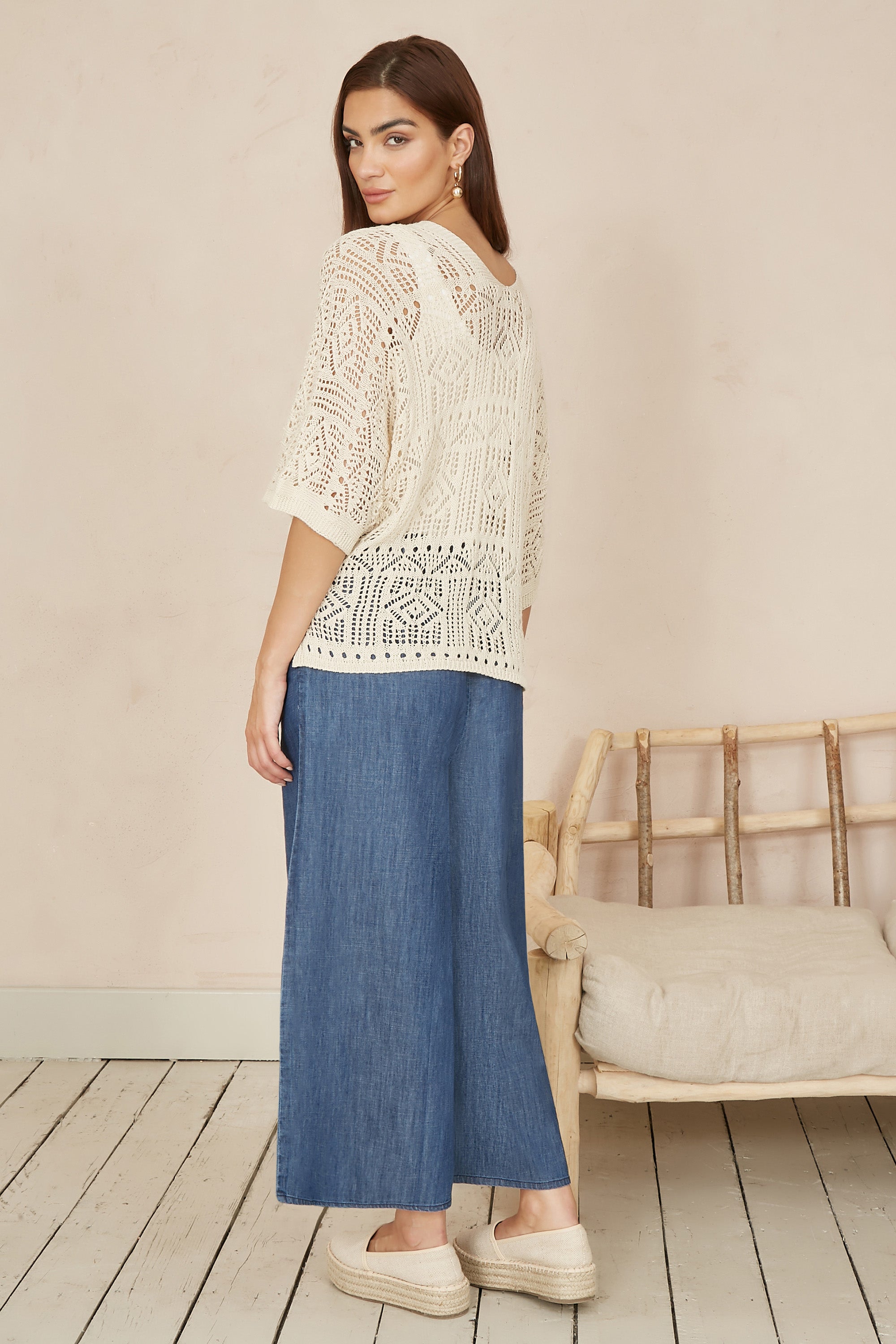 Yumi Ivory Crochet Edge To Edge 3/4 Sleeve Cardigan