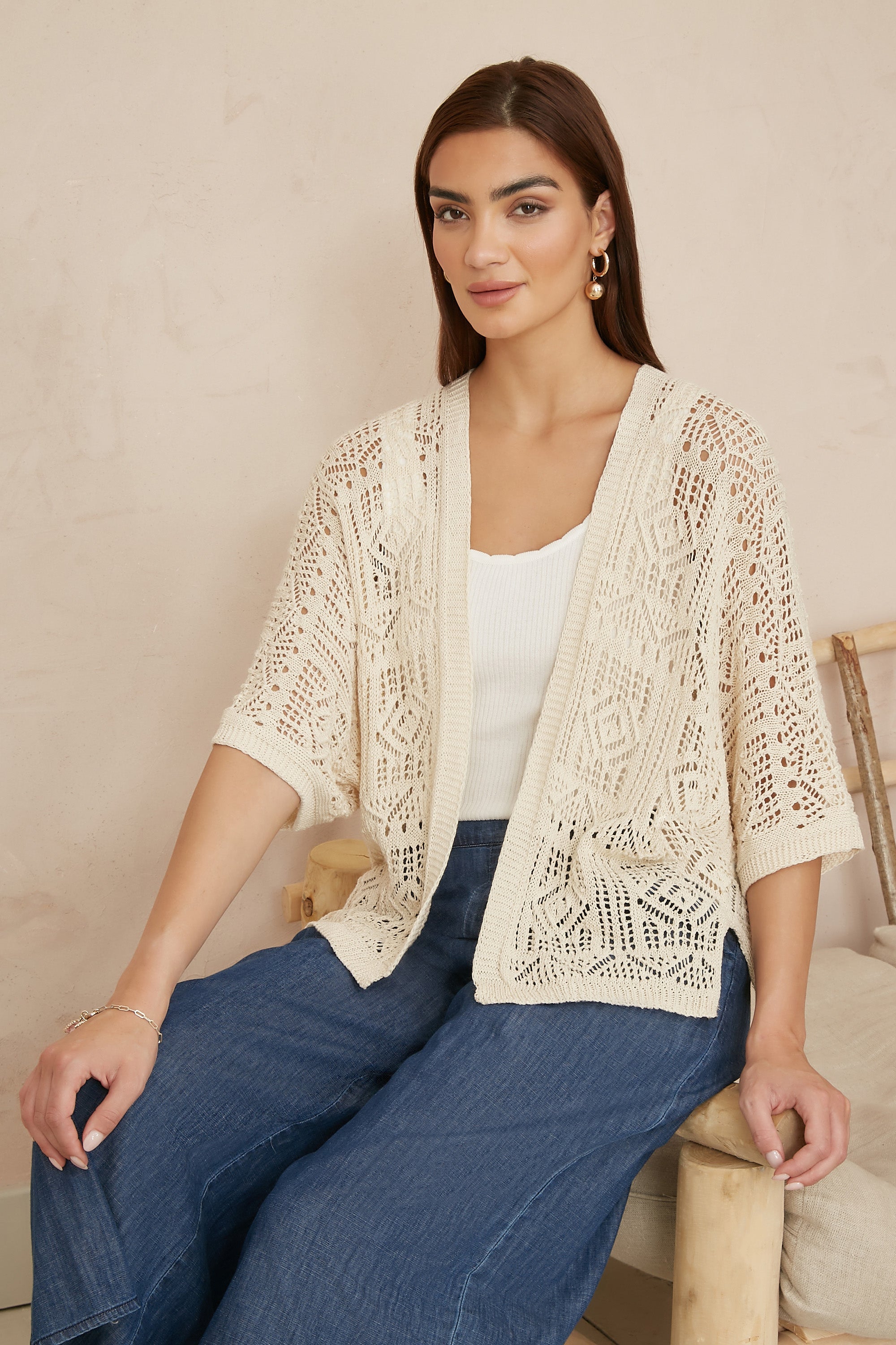 Yumi Ivory Crochet Edge To Edge 3/4 Sleeve Cardigan