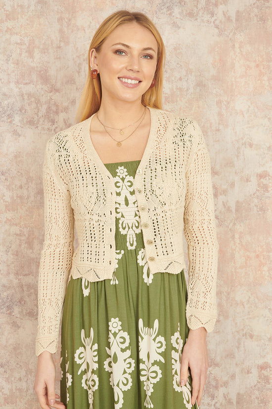 Yumi Beige Crochet Knitted Cropped Cardigan - QHA UK