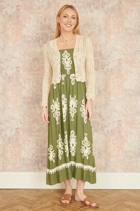 Yumi Beige Crochet Knitted Cropped Cardigan - QHA UK