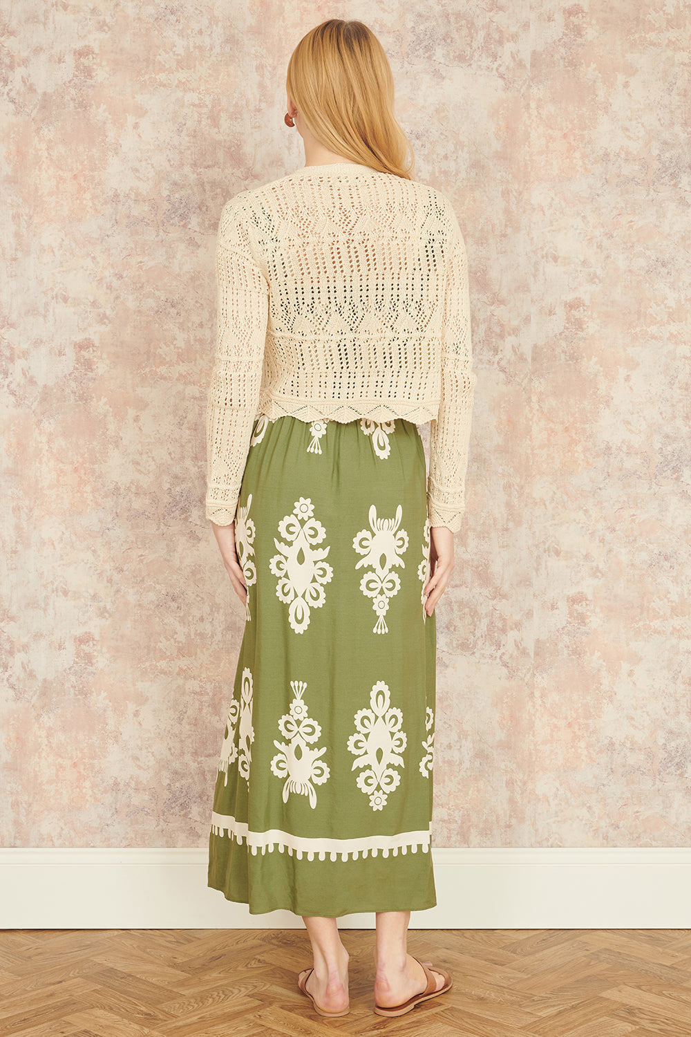 Yumi Beige Crochet Knitted Cropped Cardigan
