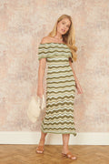 Yumi Green Stripe Crochet Knit Bardot Midi Dress - QHA UK