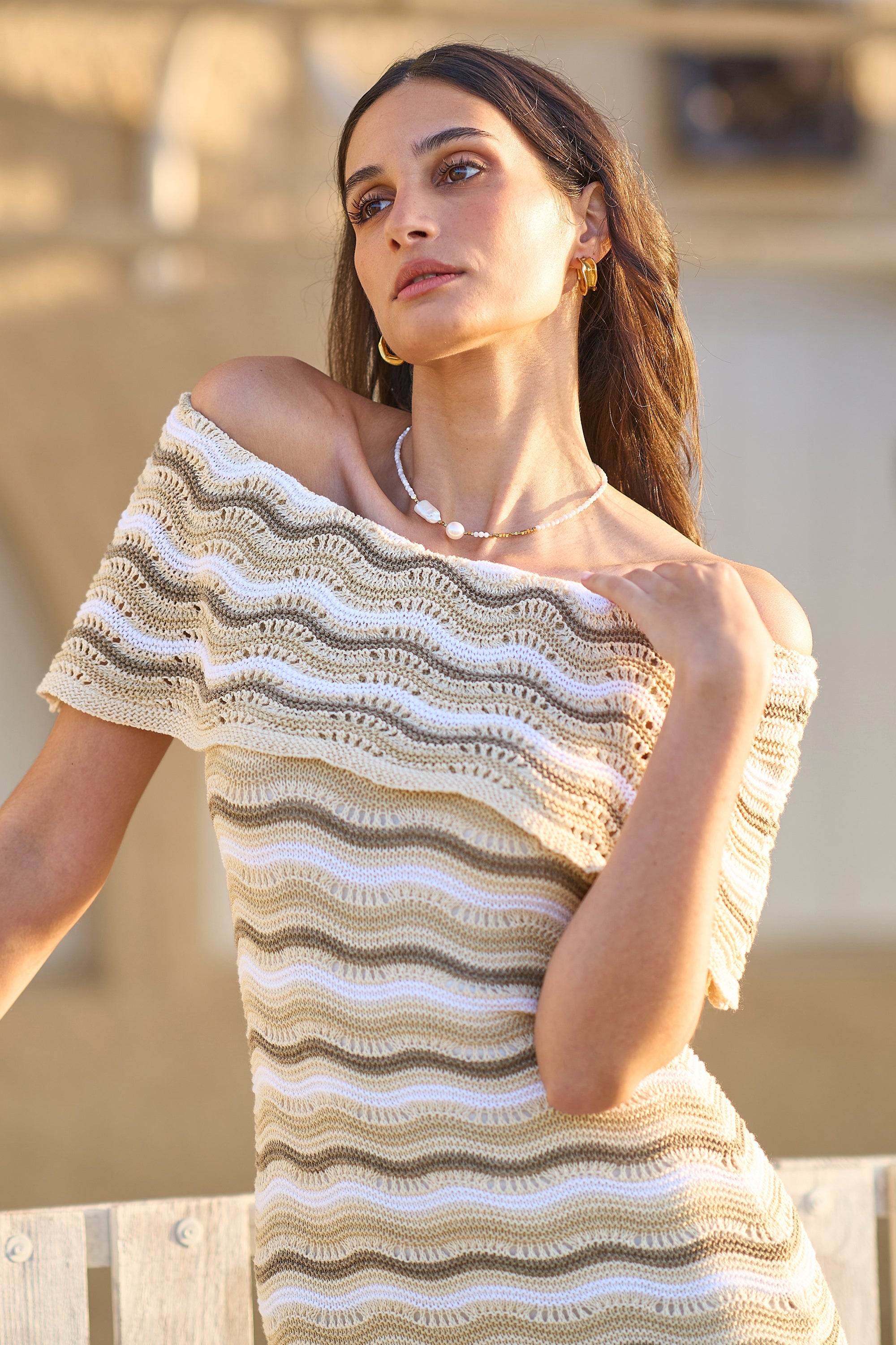 Yumi Beige Stripe Crochet Knit Bardot Midi Dress - QHA UK