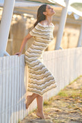 Yumi Beige Stripe Crochet Knit Bardot Midi Dress - QHA UK
