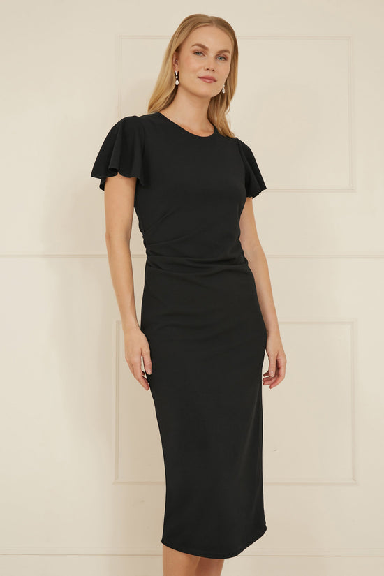 Yumi Black Ruched Waist Stretch Midi Dress - QHA UK