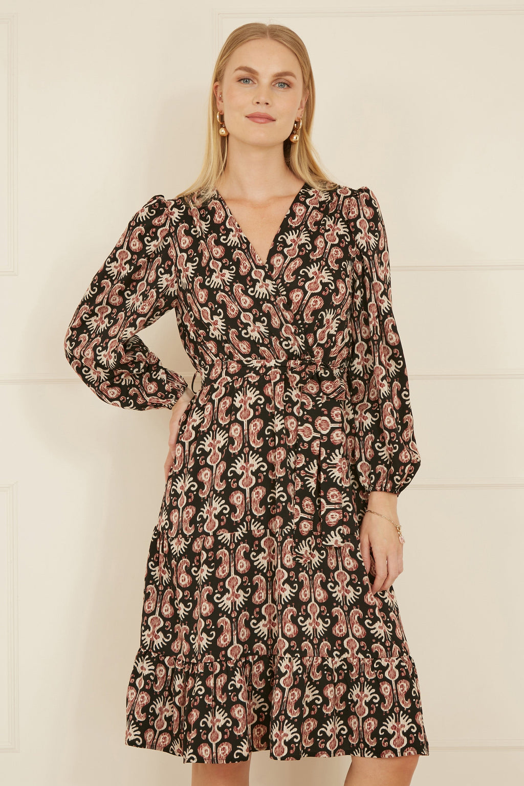 Yumi Black Ikat Long Sleeve Skater Dress - QHA UK