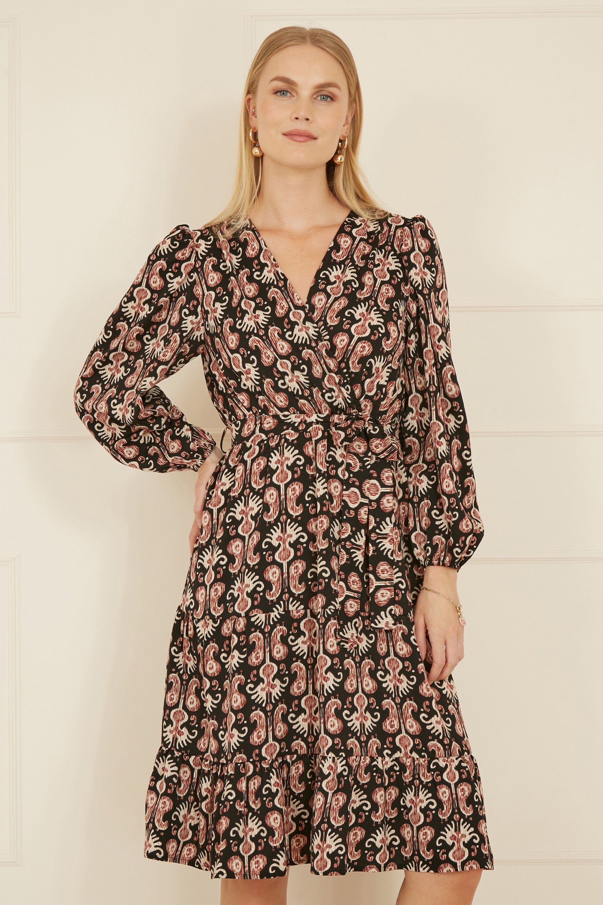 Yumi Black Ikat Long Sleeve Skater Dress - QHA UK