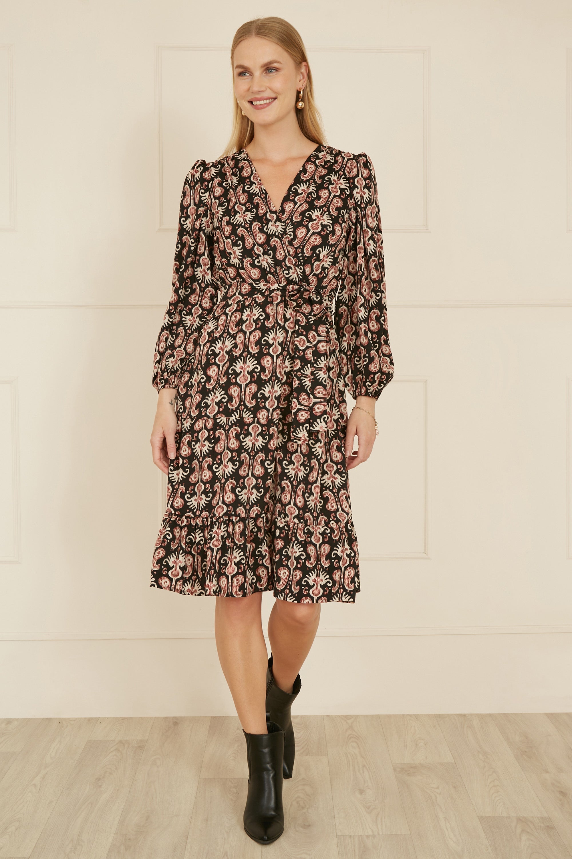 Yumi Black Ikat Long Sleeve Skater Dress - QHA UK