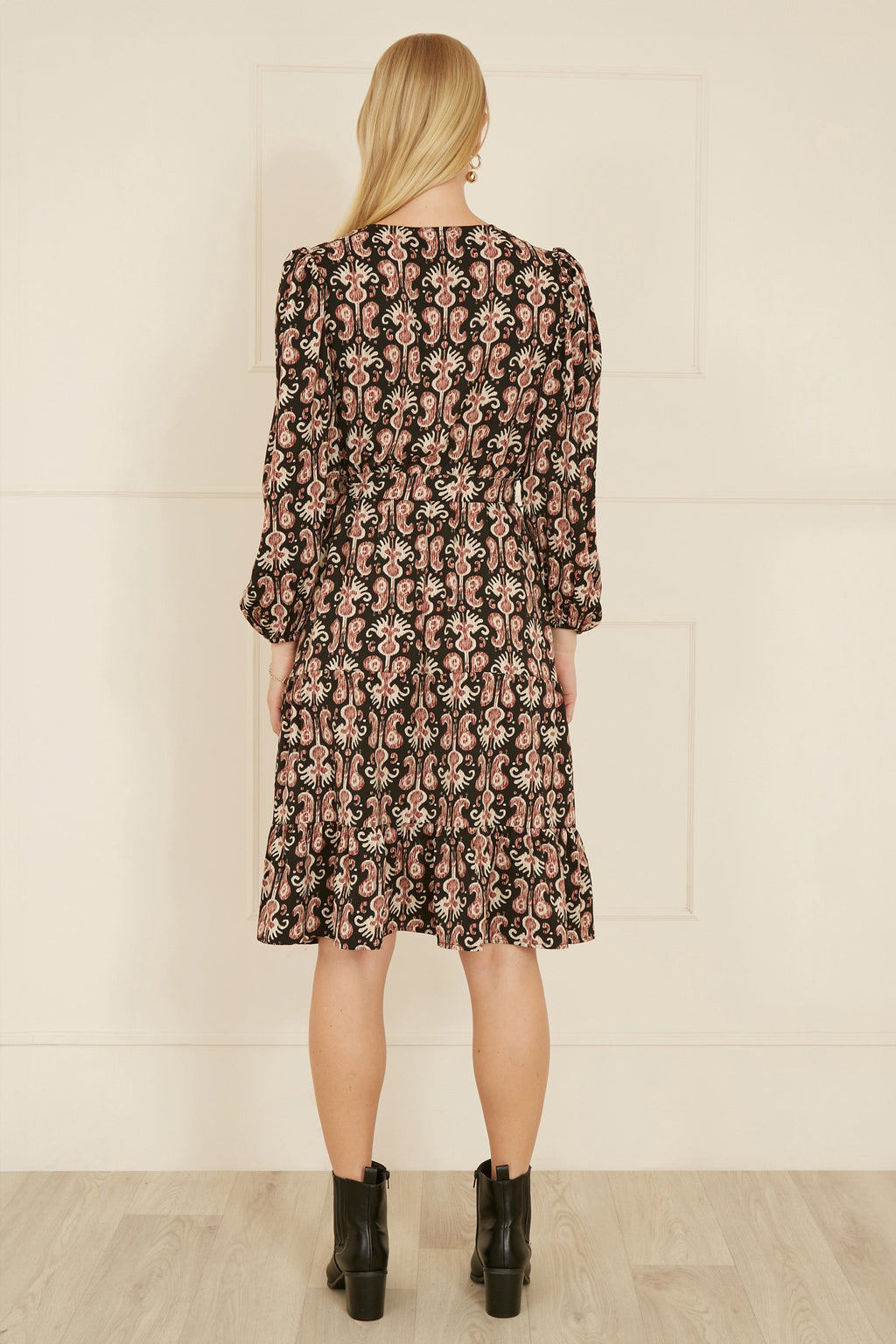 Yumi Black Ikat Long Sleeve Skater Dress - QHA UK