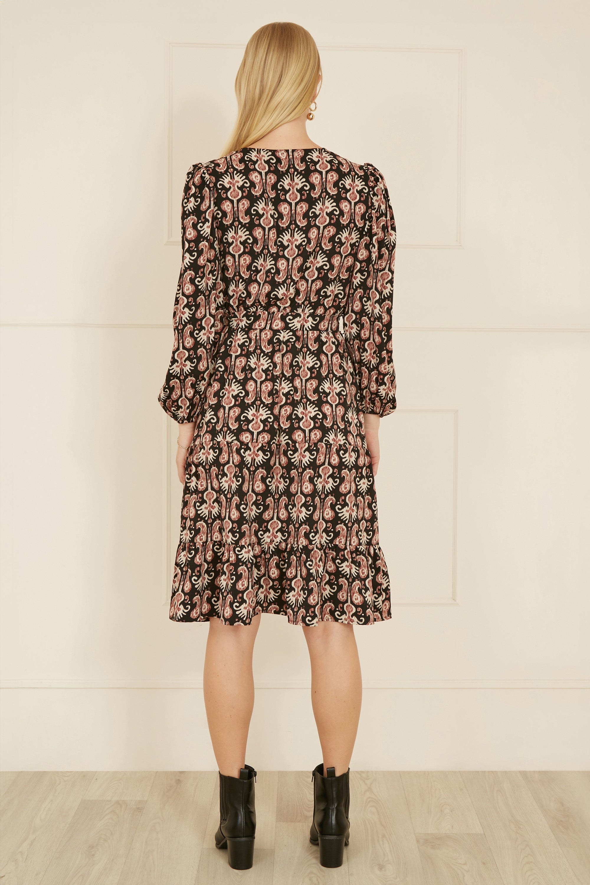 Yumi Black Ikat Long Sleeve Skater Dress - QHA UK