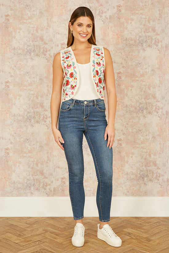 Yumi White Folk Embroidered Cotton Waist Coat - QHA UK