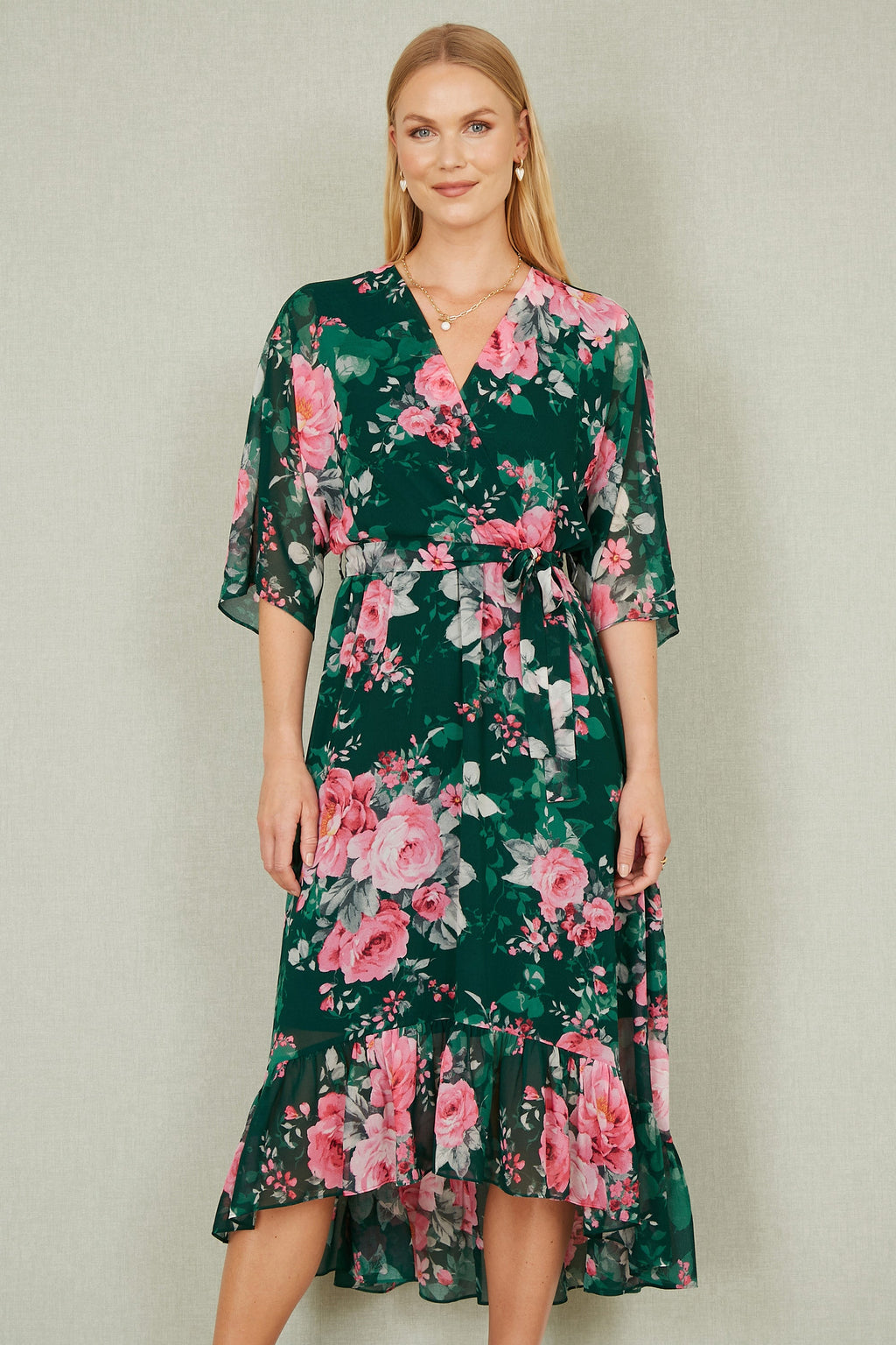 Yumi Dark Green Kimono Sleeves Midi Dip Hem Wrap Midi Dress - QHA UK