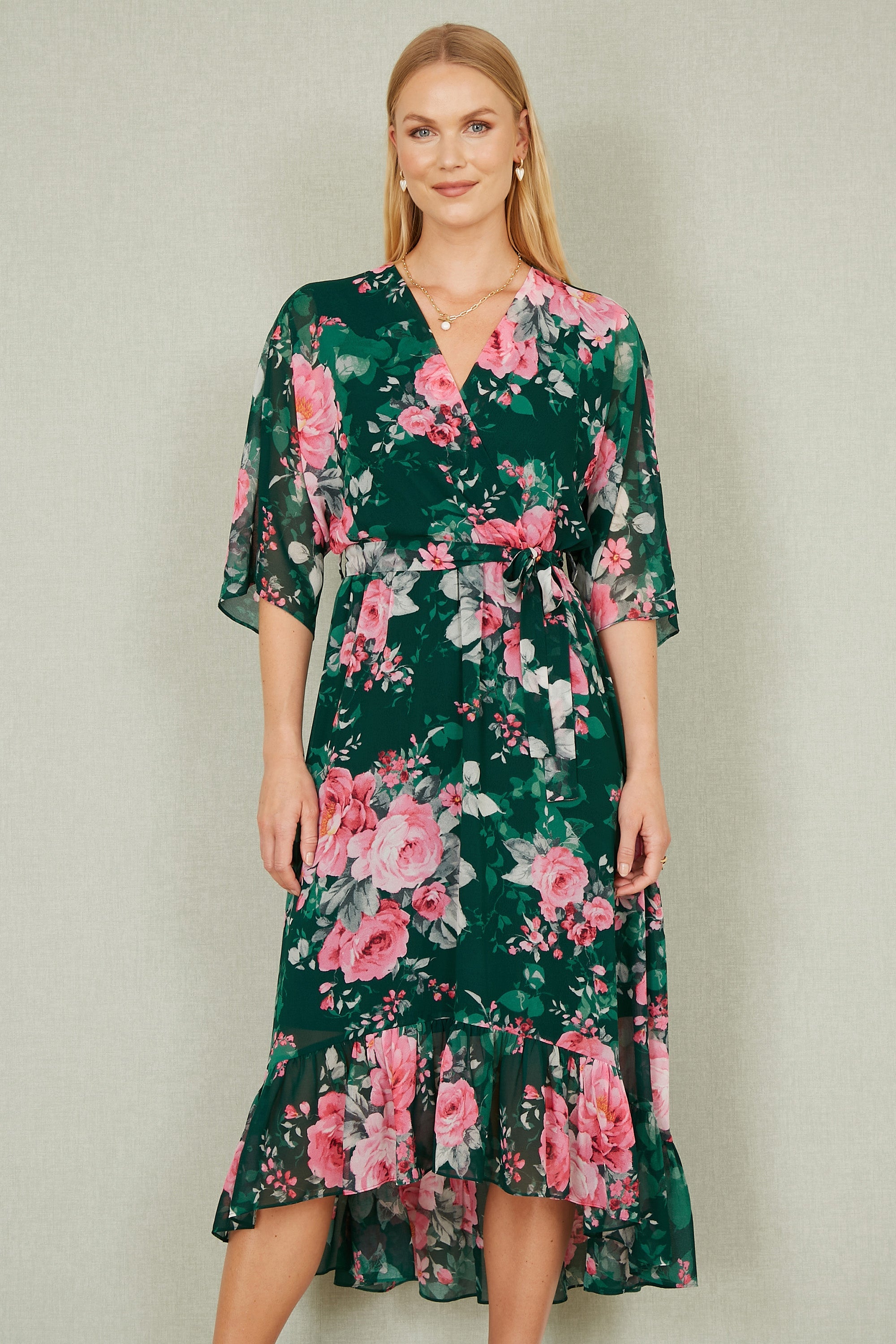 Yumi Dark Green Kimono Sleeves Midi Dip Hem Wrap Midi Dress - QHA UK