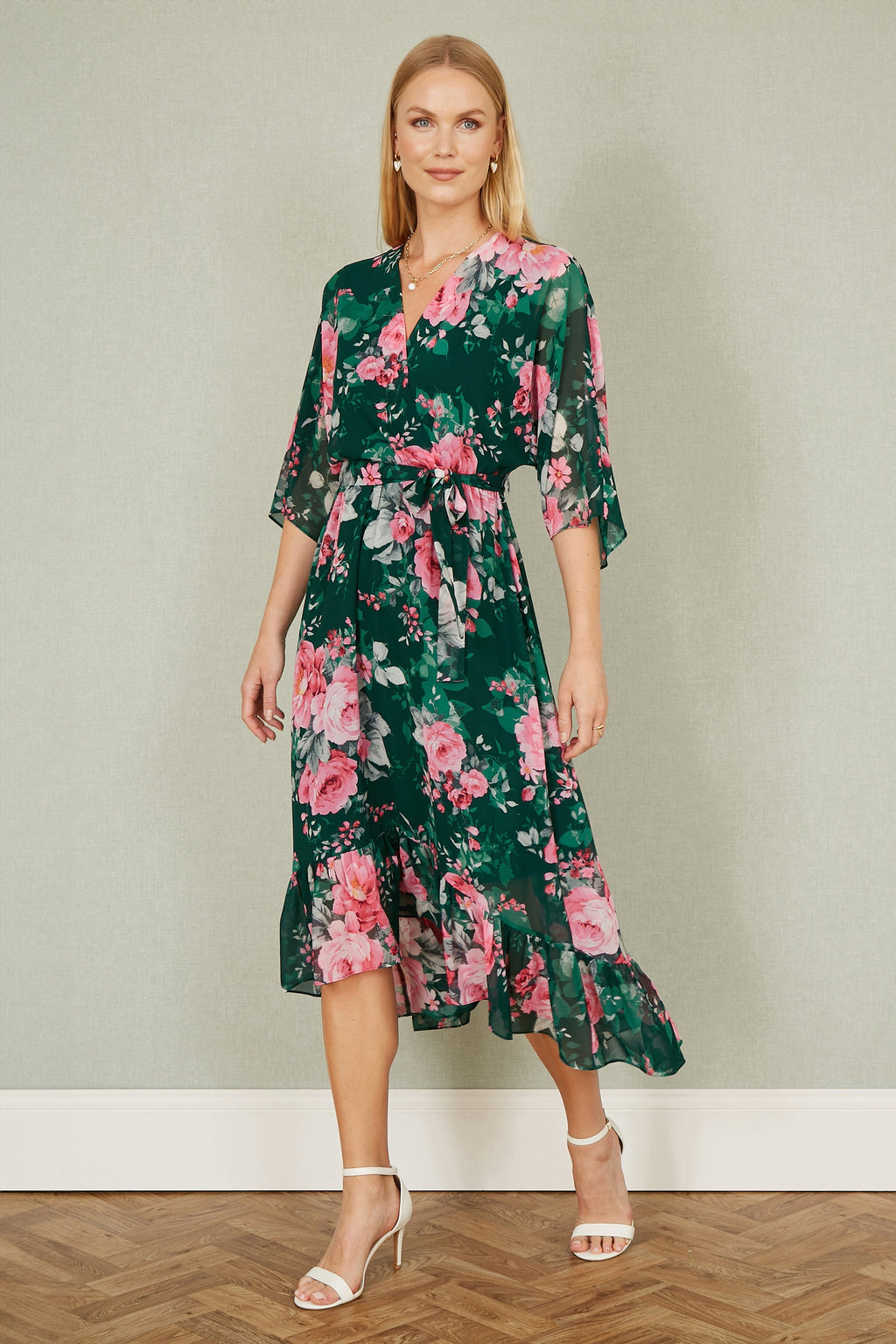 Yumi Dark Green Kimono Sleeves Midi Dip Hem Wrap Midi Dress - QHA UK