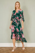 Yumi Dark Green Kimono Sleeves Midi Dip Hem Wrap Midi Dress - QHA UK