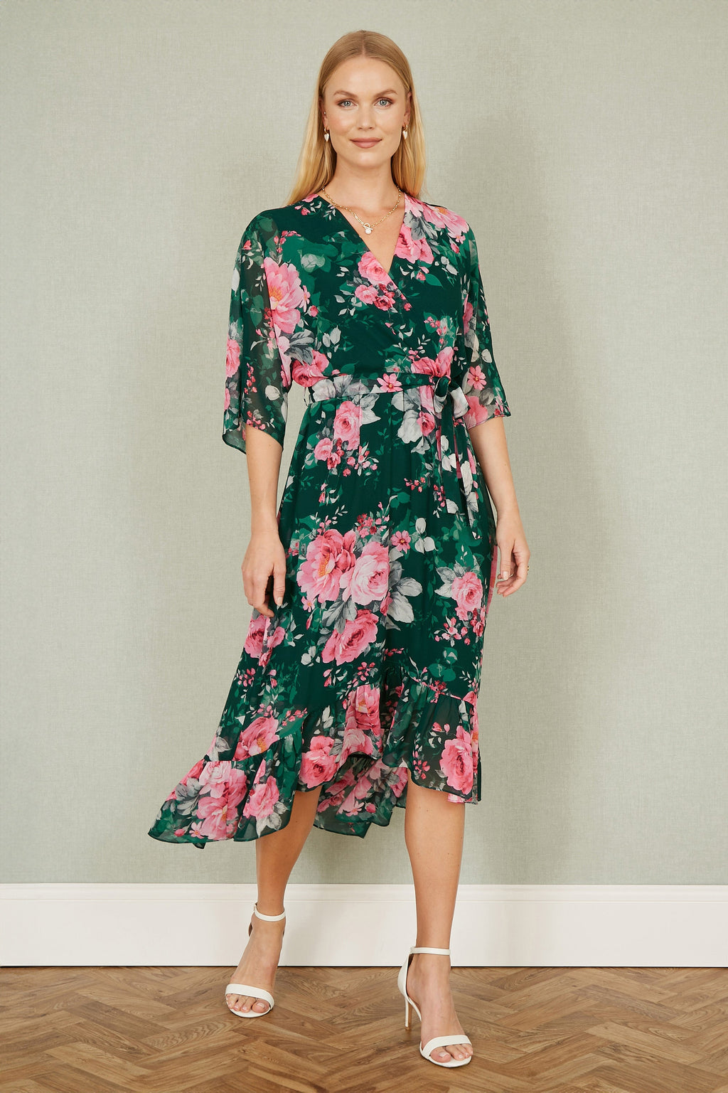 Yumi Dark Green Kimono Sleeves Midi Dip Hem Wrap Midi Dress - QHA UK