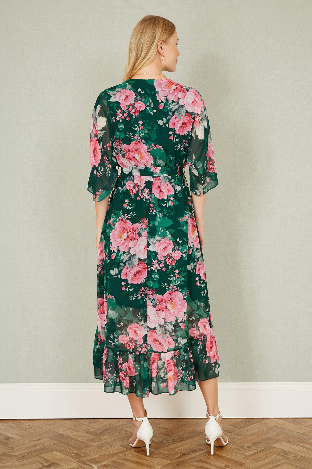 Yumi Dark Green Kimono Sleeves Midi Dip Hem Wrap Midi Dress - QHA UK