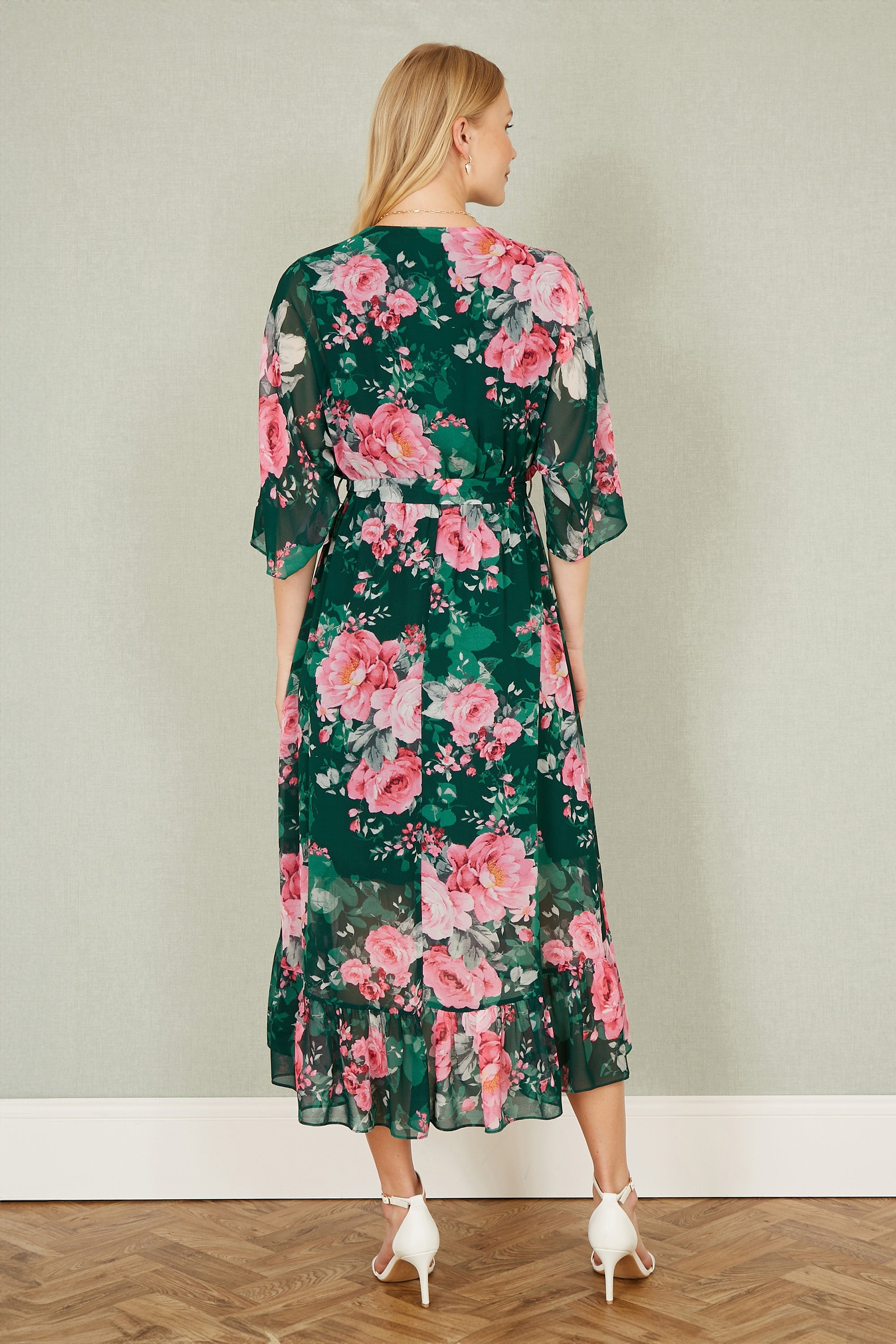 Yumi Dark Green Kimono Sleeves Midi Dip Hem Wrap Midi Dress - QHA UK