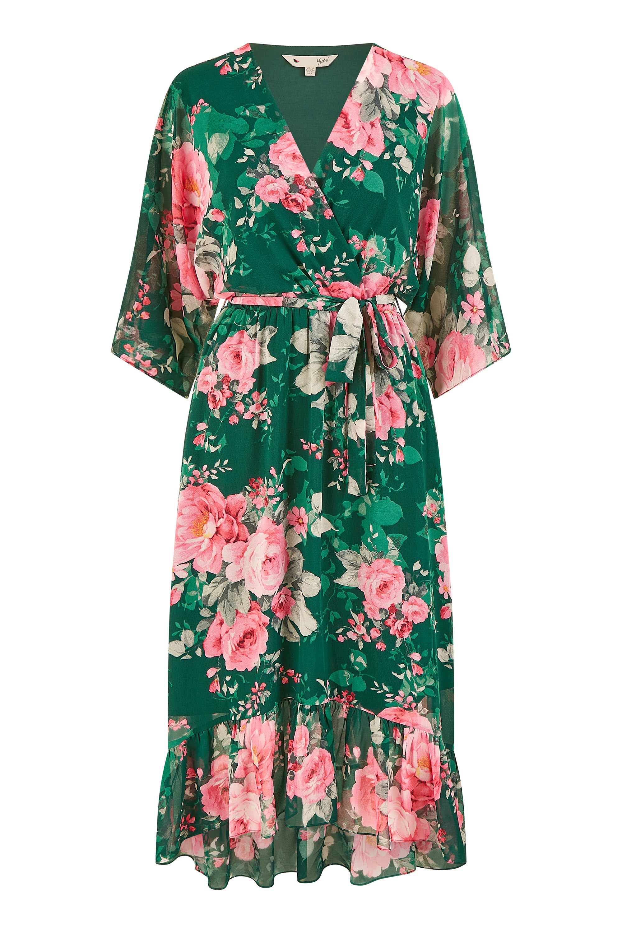 Yumi Dark Green Kimono Sleeves Midi Dip Hem Wrap Midi Dress - QHA UK